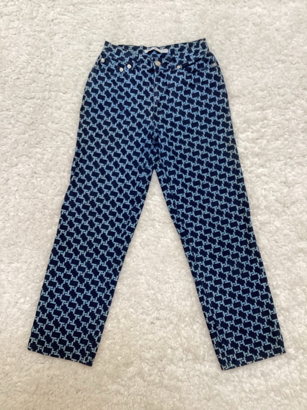 Vtg Tommy Hilfiger Navy and Light Blue Patterned TH logo Straight-Leg Jeans